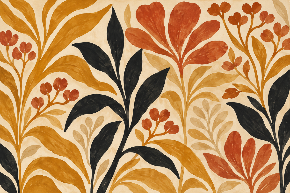 Natural wood furniture paired with colorful botanical wallpaper in muted autumn hues