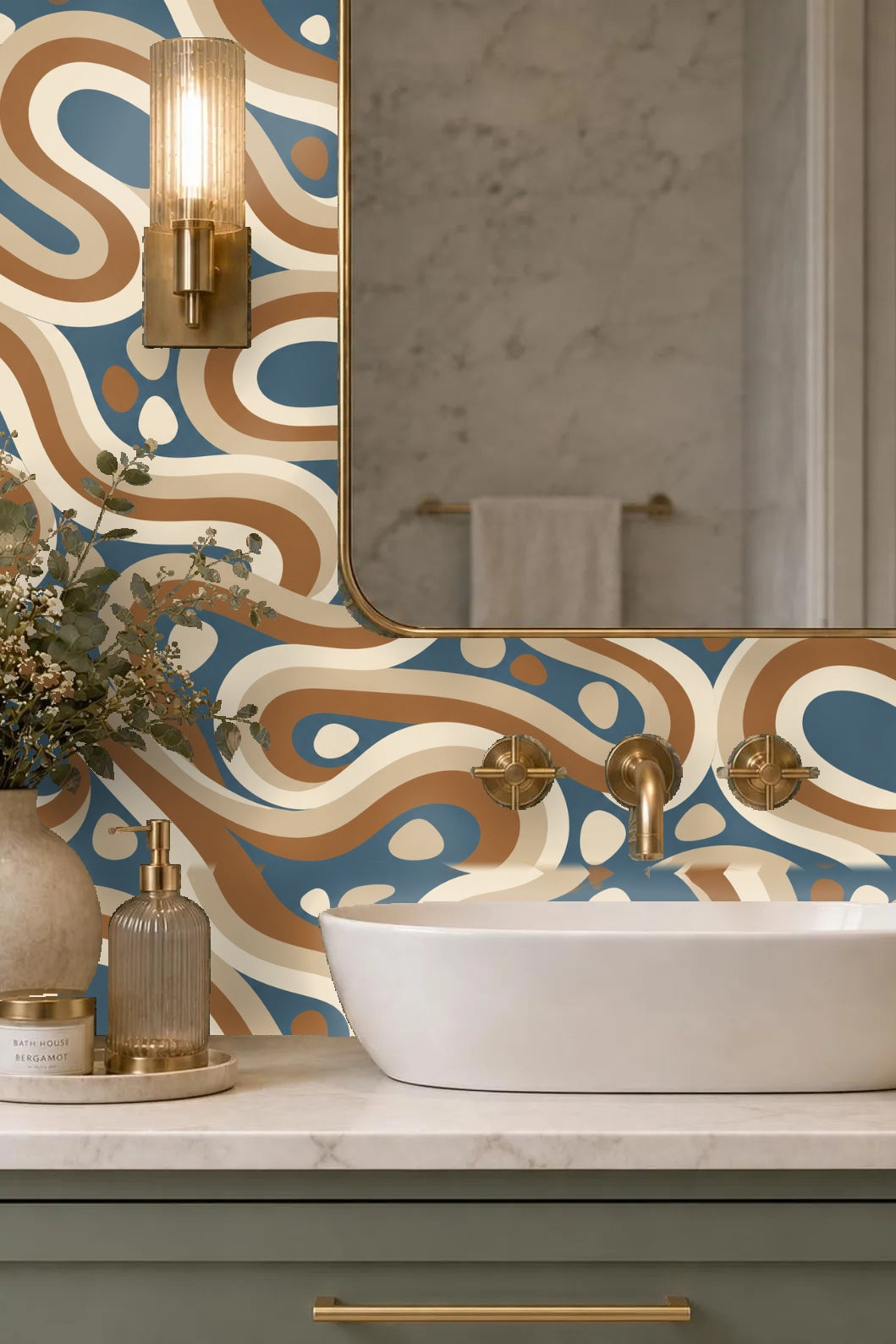 Wallpaper applied in a modern, neutral-toned living room setting with natural wood accents