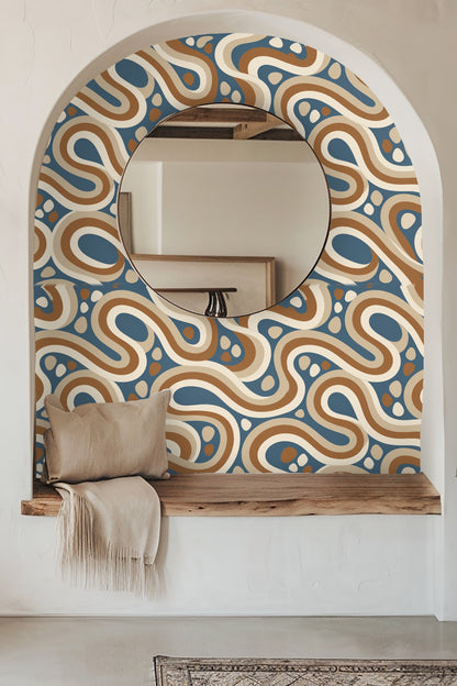 Abstract wallpaper pattern with curved terracotta and cream bands on blue background
