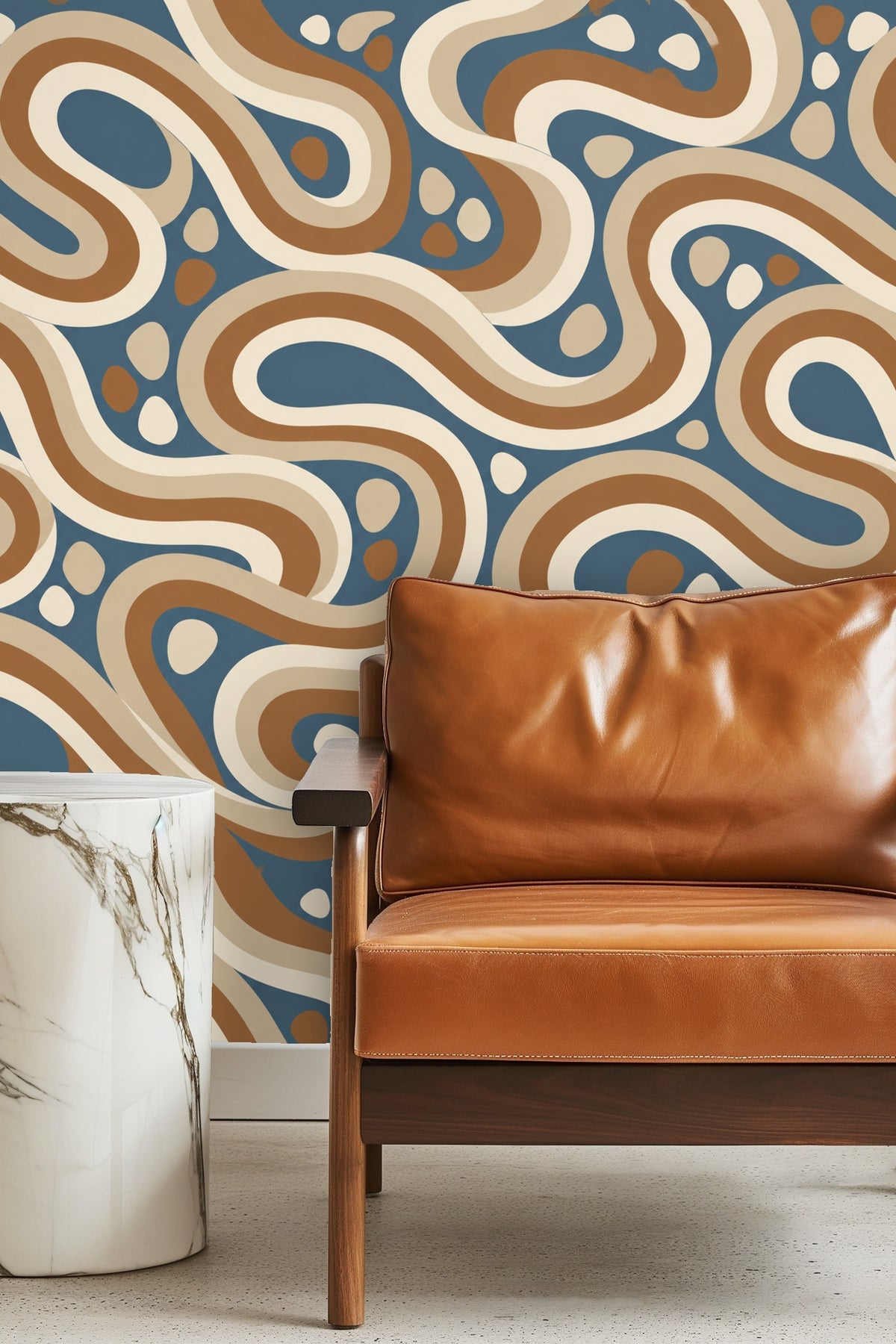 Environmental shot showing wallpaper bringing lively pattern to simple interior