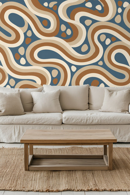 Bedroom wall behind green white headboard with terracotta and cream curved band wallpaper