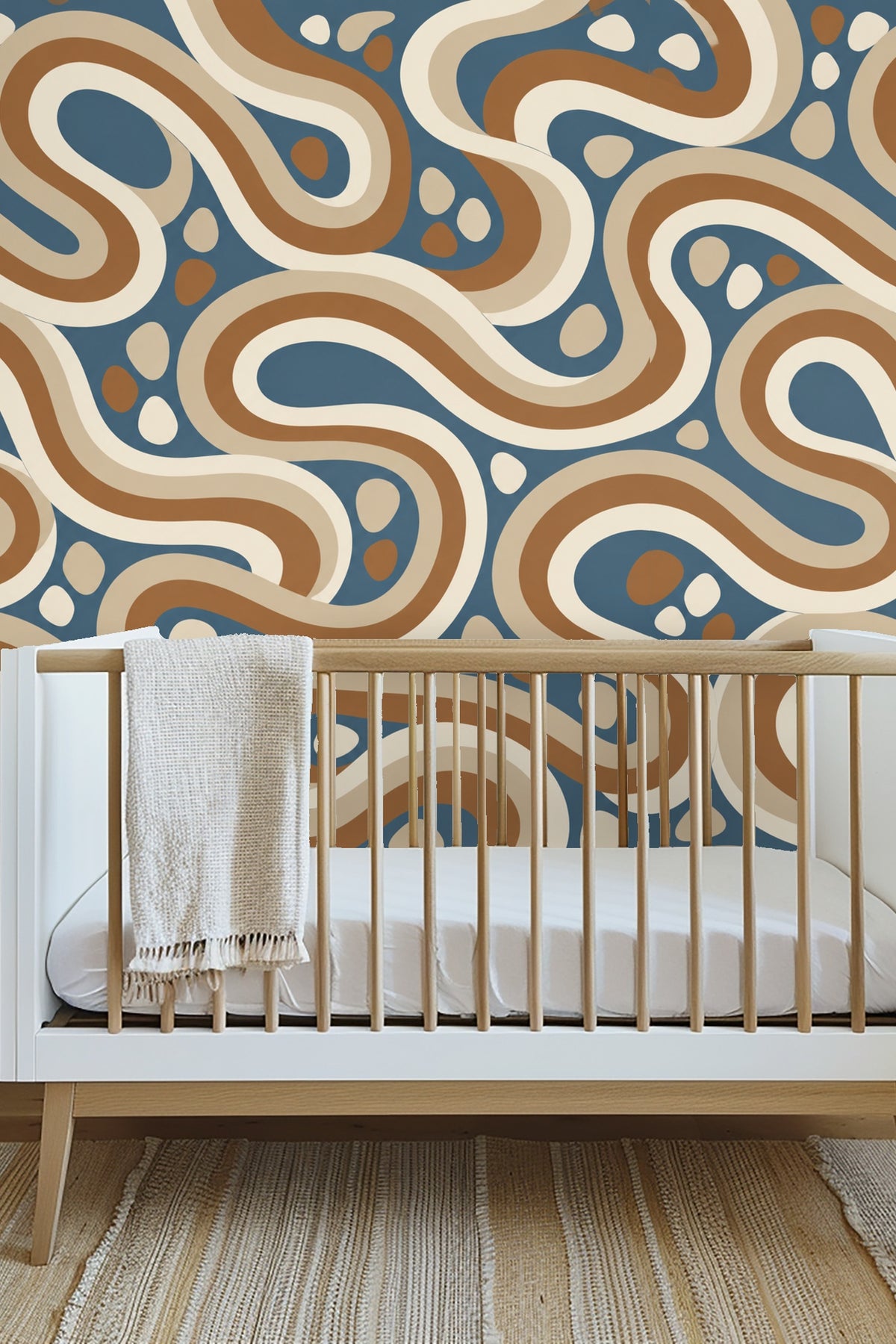 Close view of smooth curving terracotta and beige lines on blue backdrop wallpaper