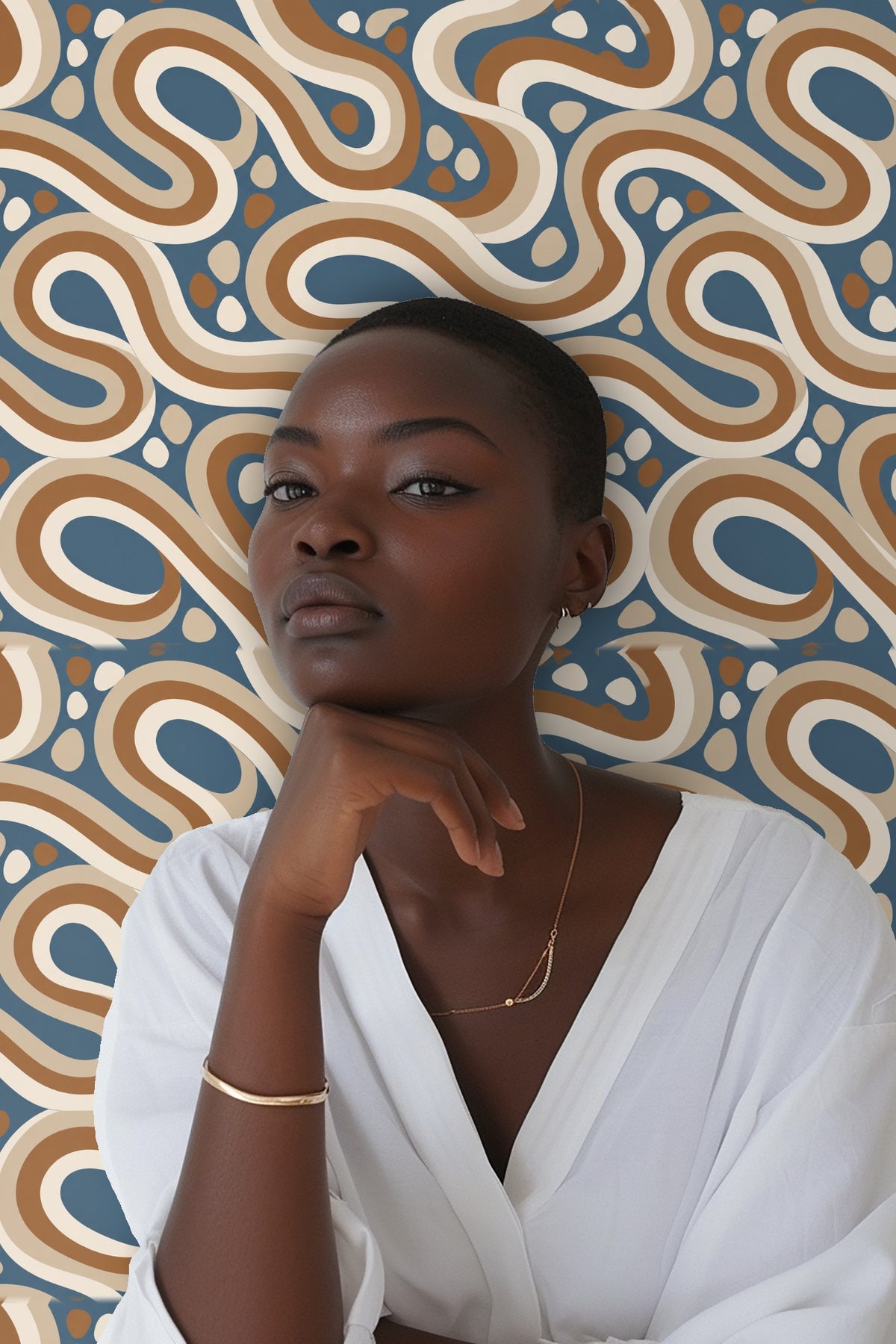 Wallpaper highlighting a color palette of dusty blue, warm terracotta, beige, and off-white