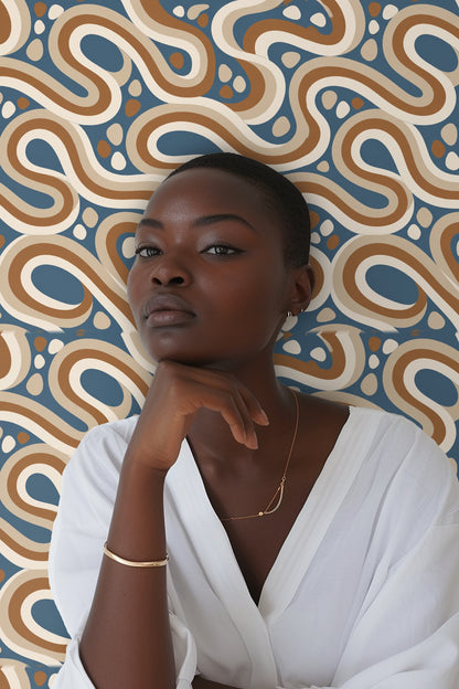 Wallpaper highlighting a color palette of dusty blue, warm terracotta, beige, and off-white