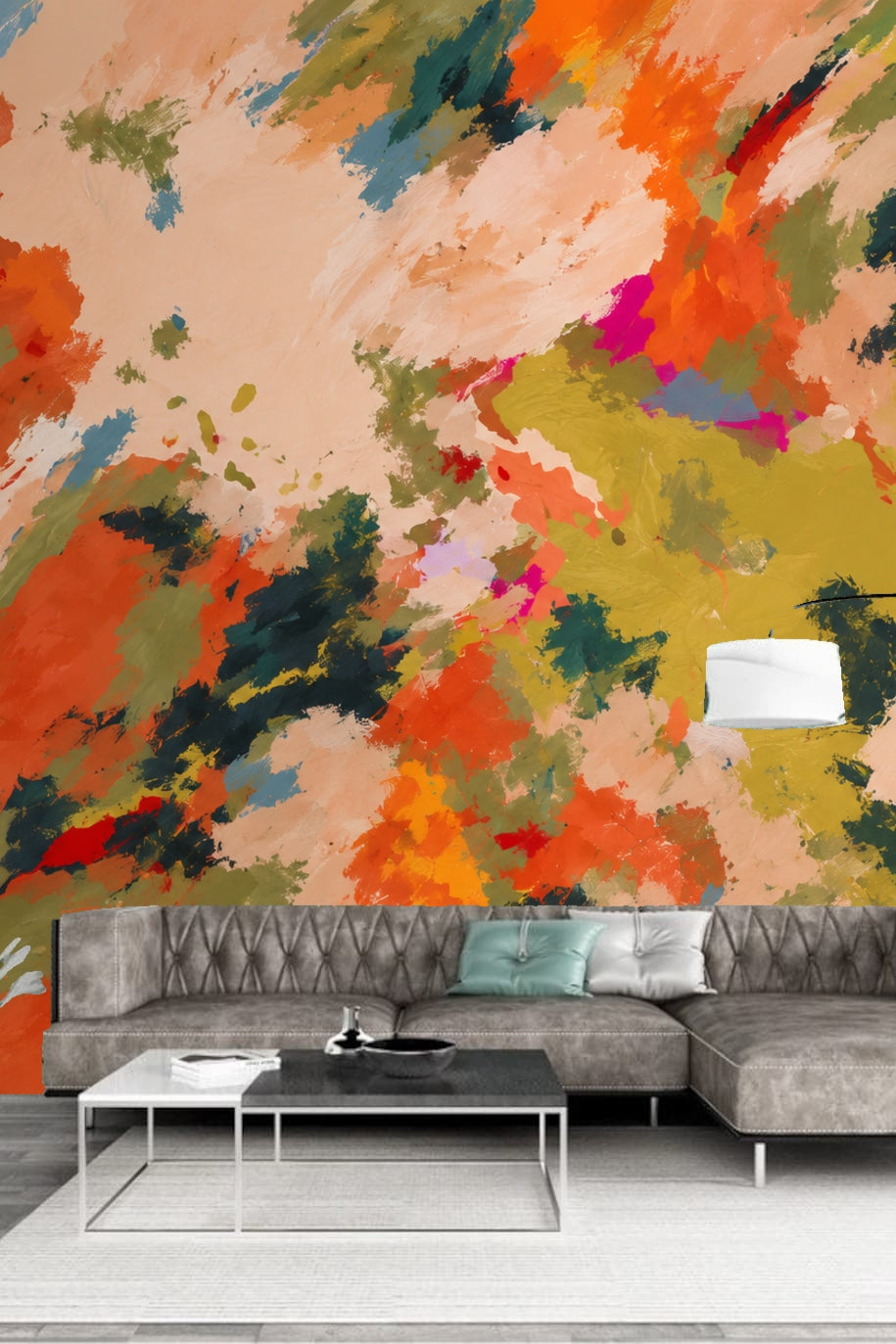 Detail of mottled painterly wallpaper with terracotta and peach