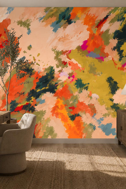 Creative studio wall covered in expressive brushstroke wallpaper