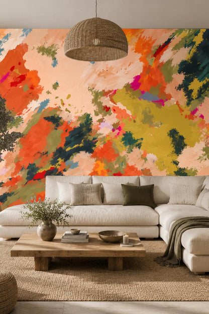 Detail of vibrant brushstroke wallpaper showing layered orange and green strokes