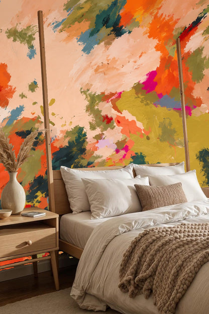 Living room scene with light wood armchair and abstract colorful wallpaper