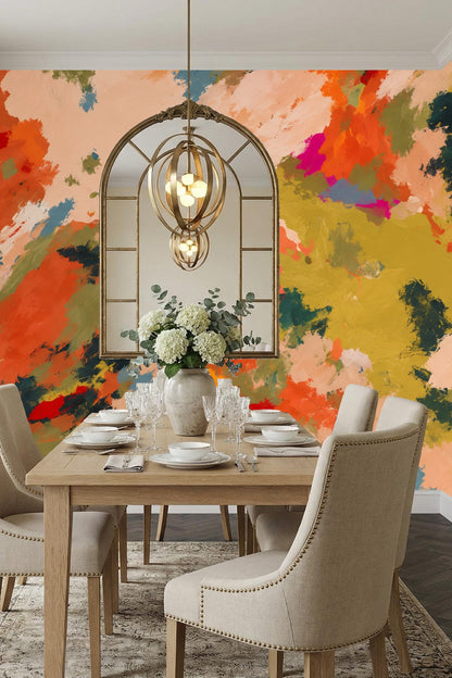 Abstract mural with bold orange and olive green brush marks