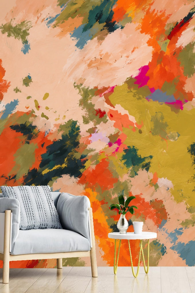 Abstract wallpaper with layered brushstrokes in orange, green, peach, magenta, and blue hues