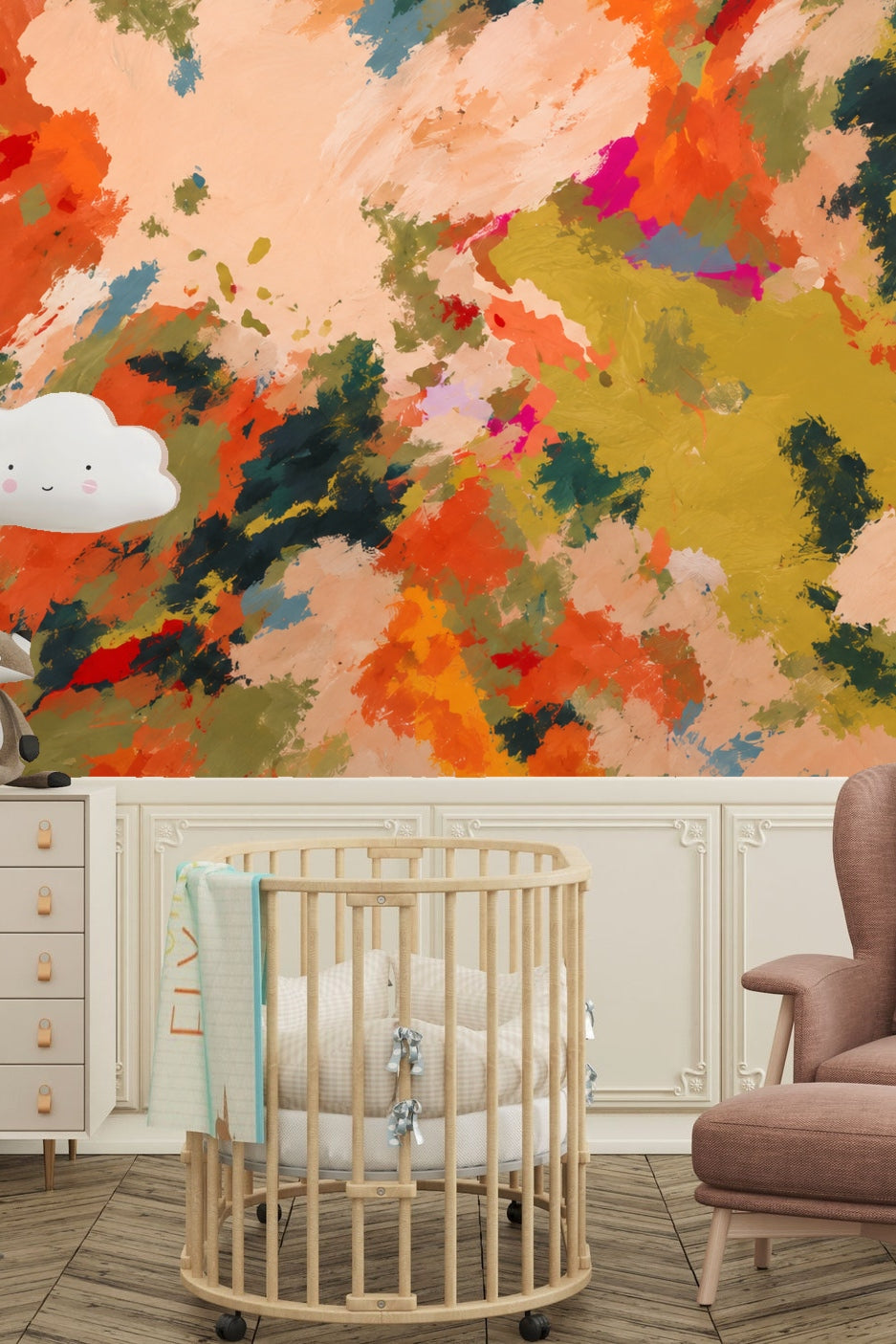 Bedroom with wood bedframe and vibrant brushstroke wallpaper in warm tones