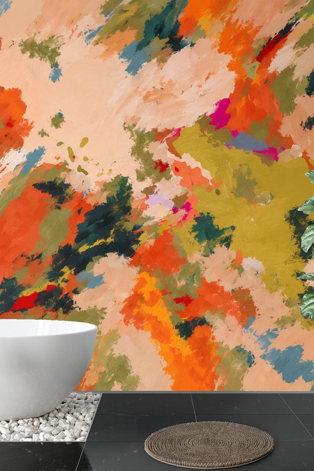Wall detail showing contrasting magenta and blue accents in brushstroke pattern