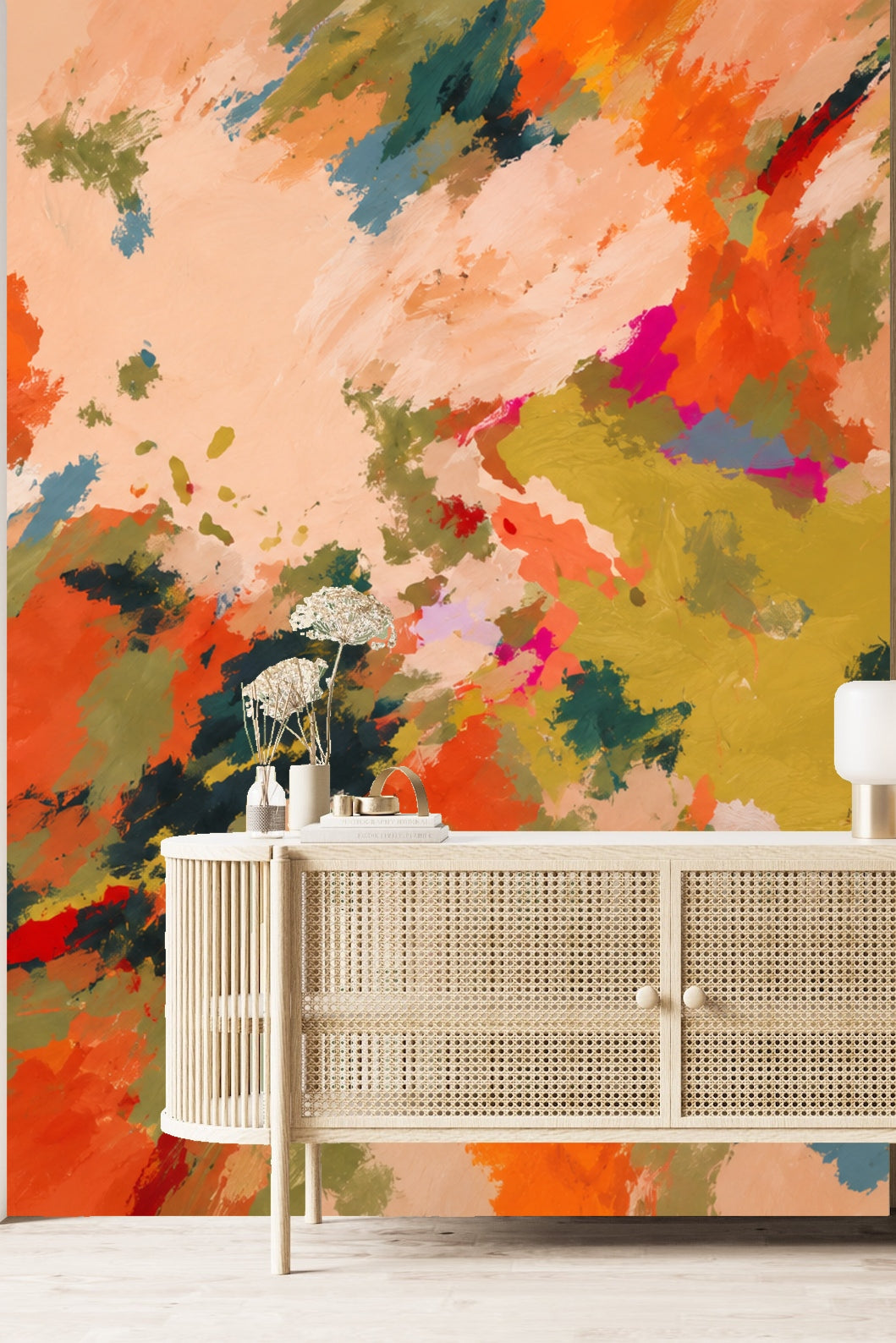Interior corner with brightly colored abstract wallpaper and modern furnishings