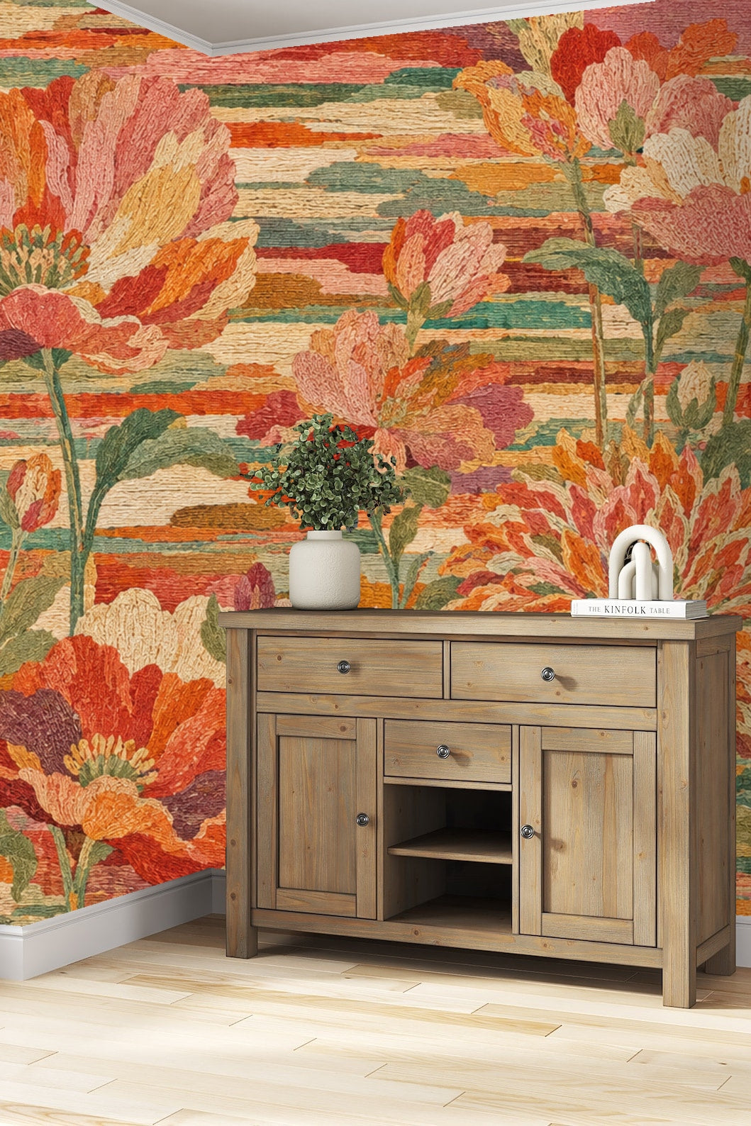 Textile-inspired wallpaper pattern with layered petals and botanical forms