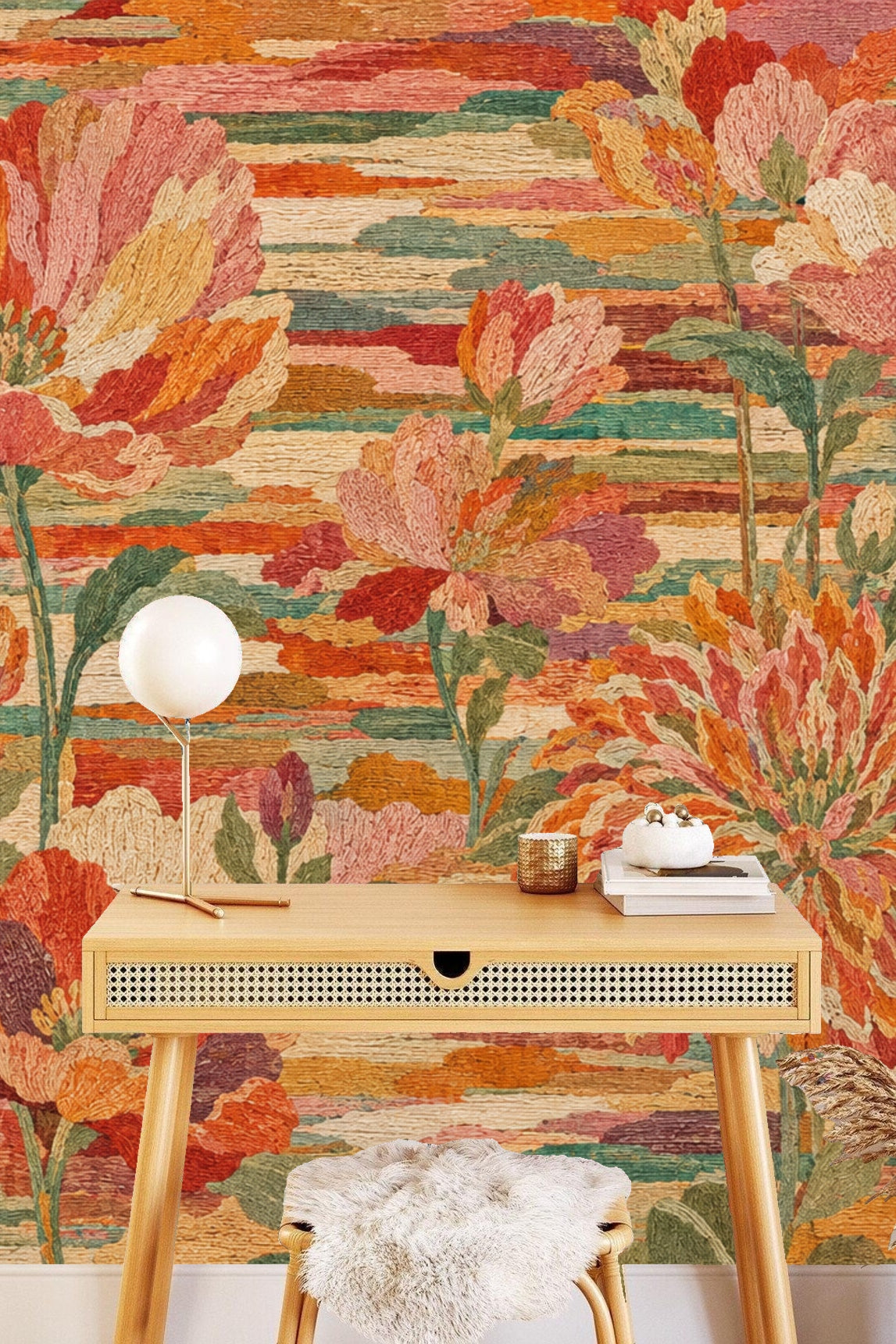 Detail of flower cluster in embroidered floral wallpaper in various shades of rust and peach