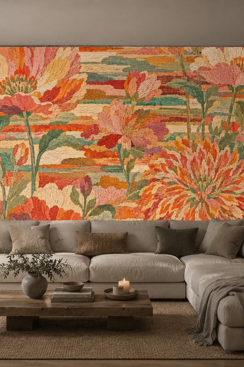 Close-up view of floral wallpaper showing detailed embroidered flower motifs in warm orange and pink hues