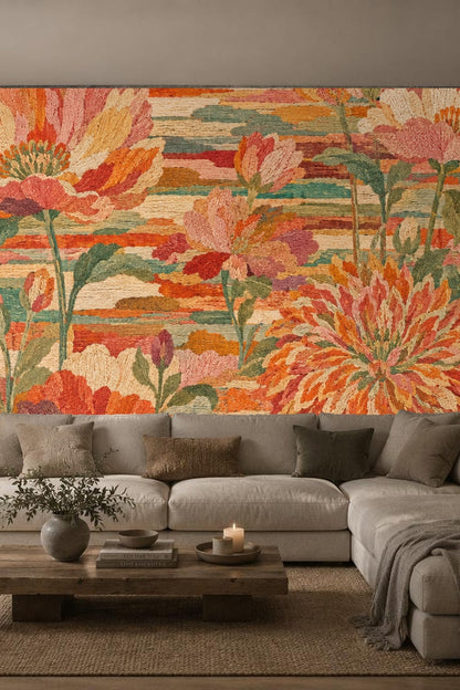 Close-up view of floral wallpaper showing detailed embroidered flower motifs in warm orange and pink hues