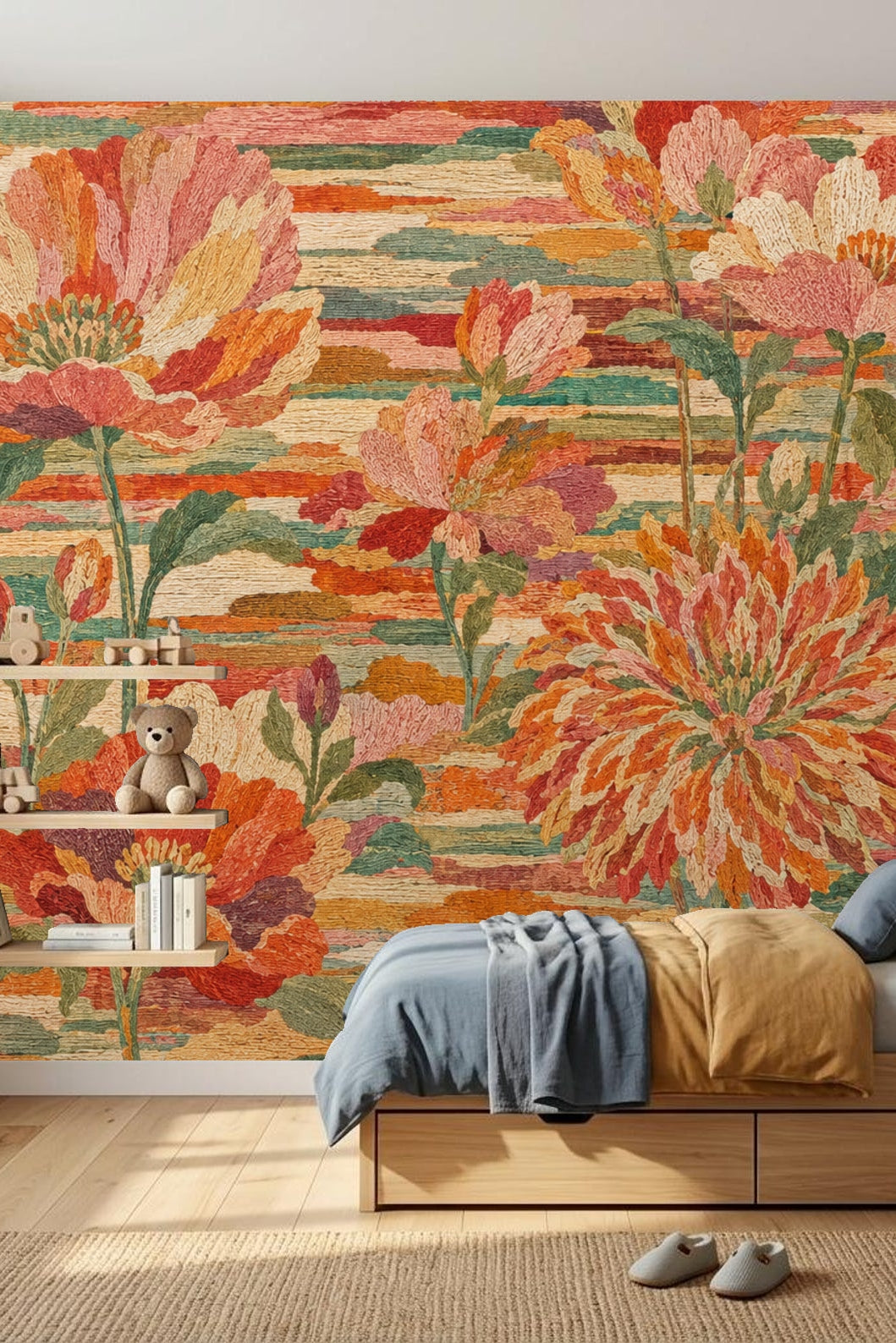 Bedroom with cream headboard and floral wallpaper featuring textured linear background and pink-orange flowers on wall