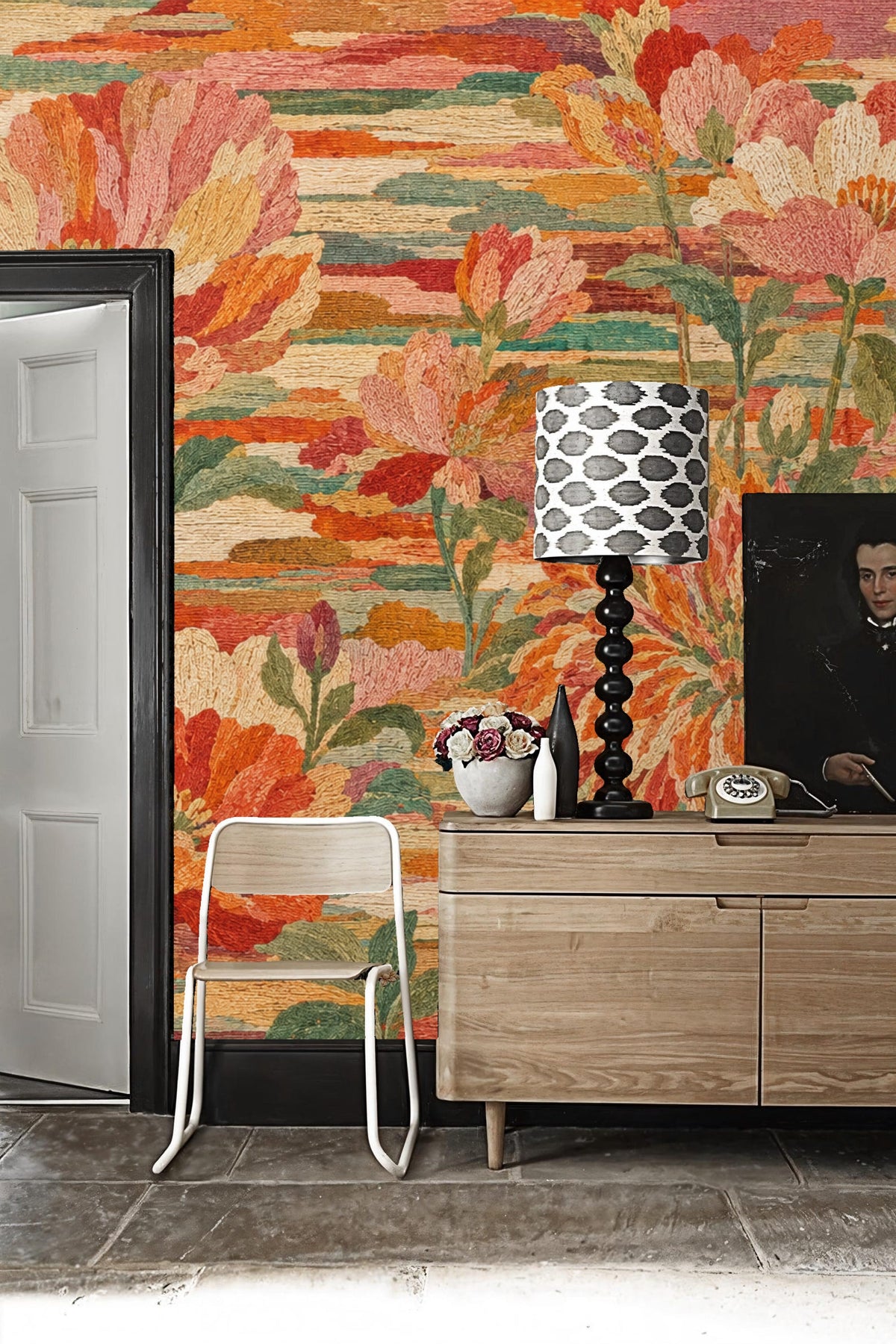 Soft pillow arrangement in front of floral wallpaper with intricate petal details