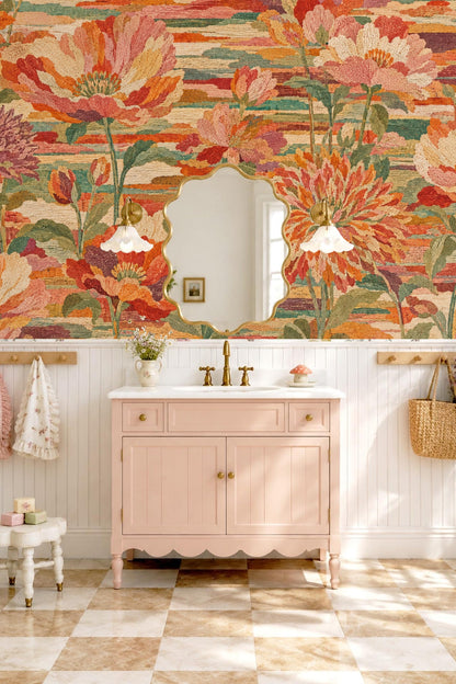 Horizontal textured stripe background with overlaid large floral embroidery pattern