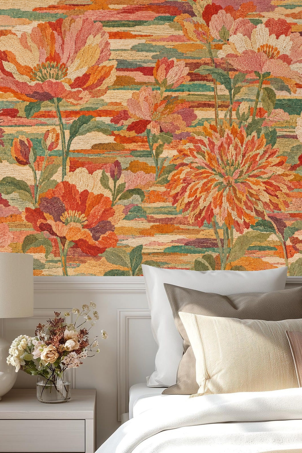Living room with neutral sofa against large-scale floral wallpaper in burnt orange, pinks, and green