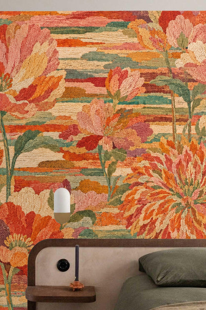 Mix of floral blooms with textured horizontal strokes as wallpaper detail