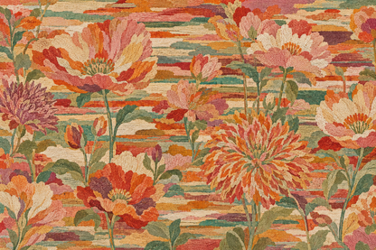 Rustic floral wallpaper pattern with artistic thread-like strokes and color layering