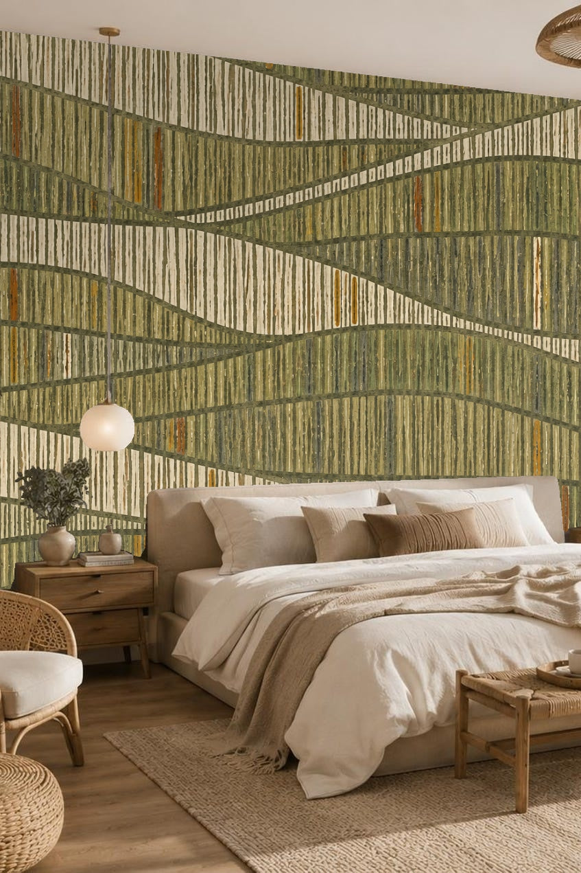 Living room with Wallpaper featuring olive green and beige textured lines behind a soft light gray chair and small table