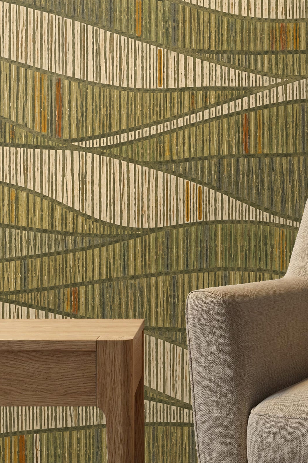 Bedroom corner emphasizing wallpaper's organic striped flow