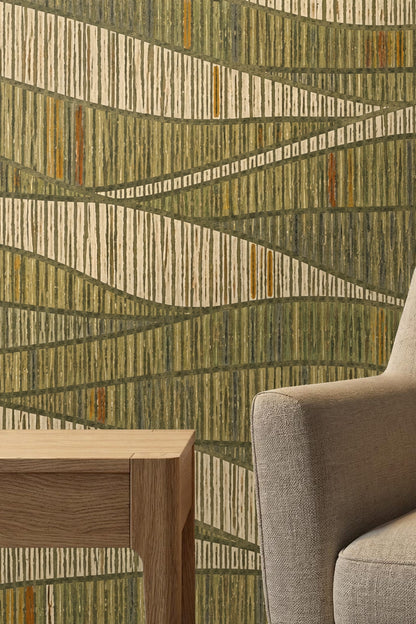Bedroom corner emphasizing wallpaper's organic striped flow