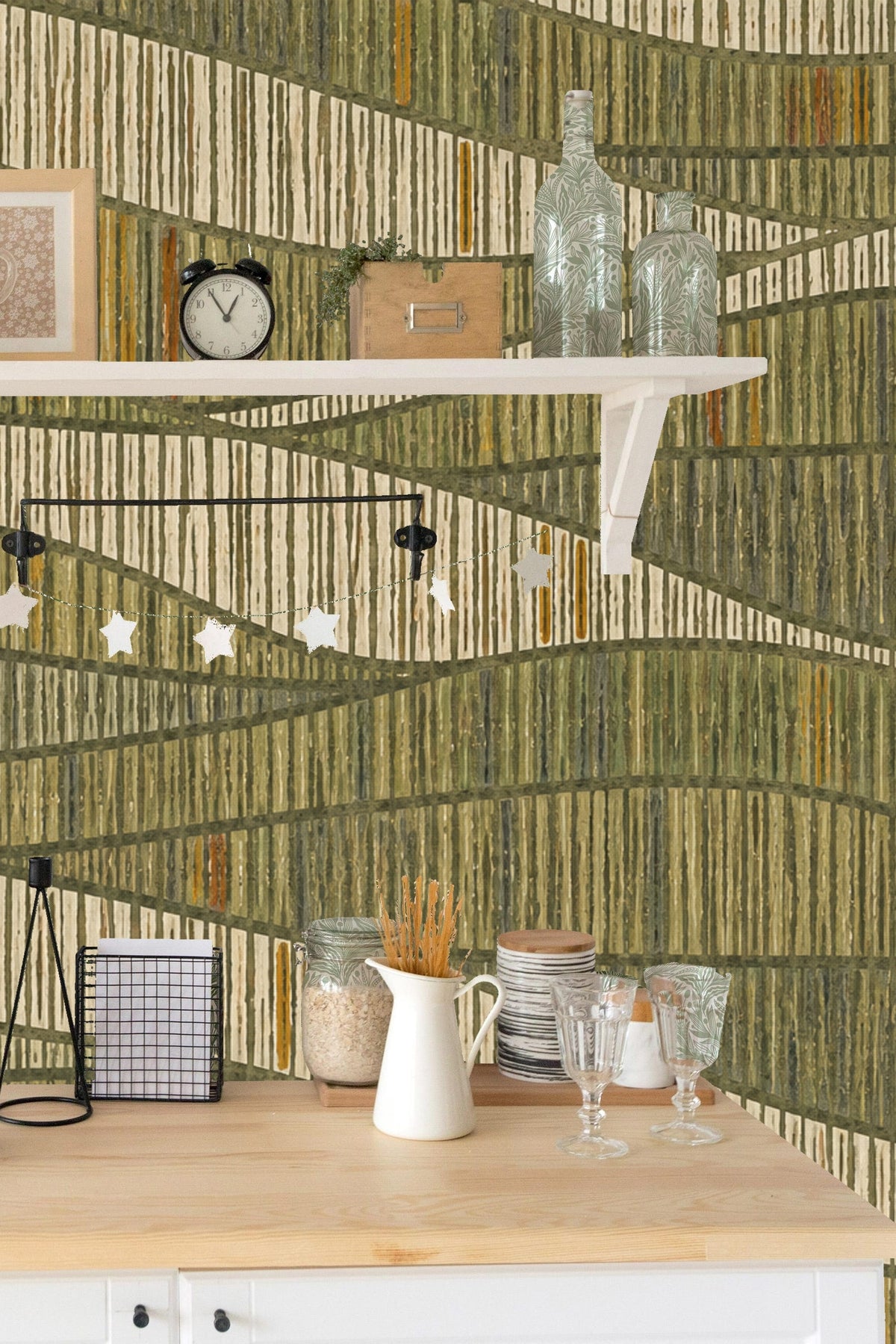 Living room segment capturing wallpaper pattern with modern minimal furniture