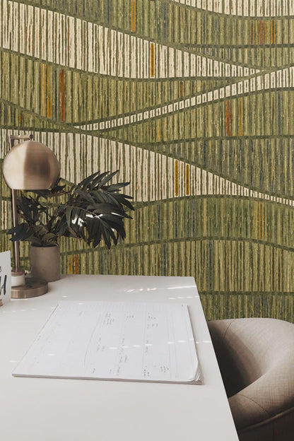 Wallpaper detail highlighting vertical hatch marks in overlapping horizontal waves of green and beige