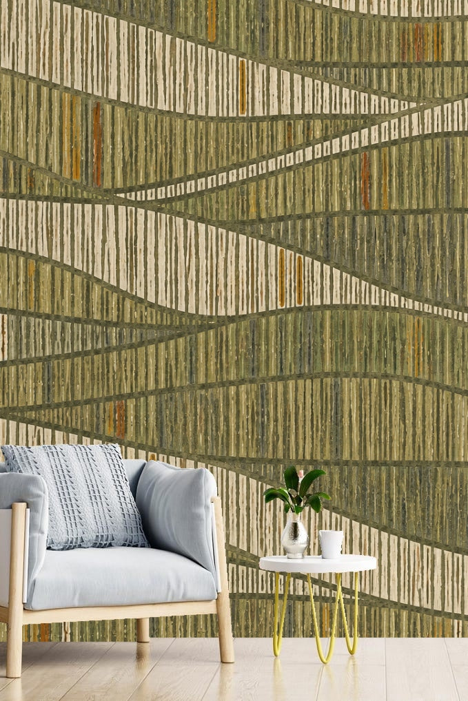 Wallpaper close-up showing vertical lines in olive, beige, and rust tones forming layered rippling bands