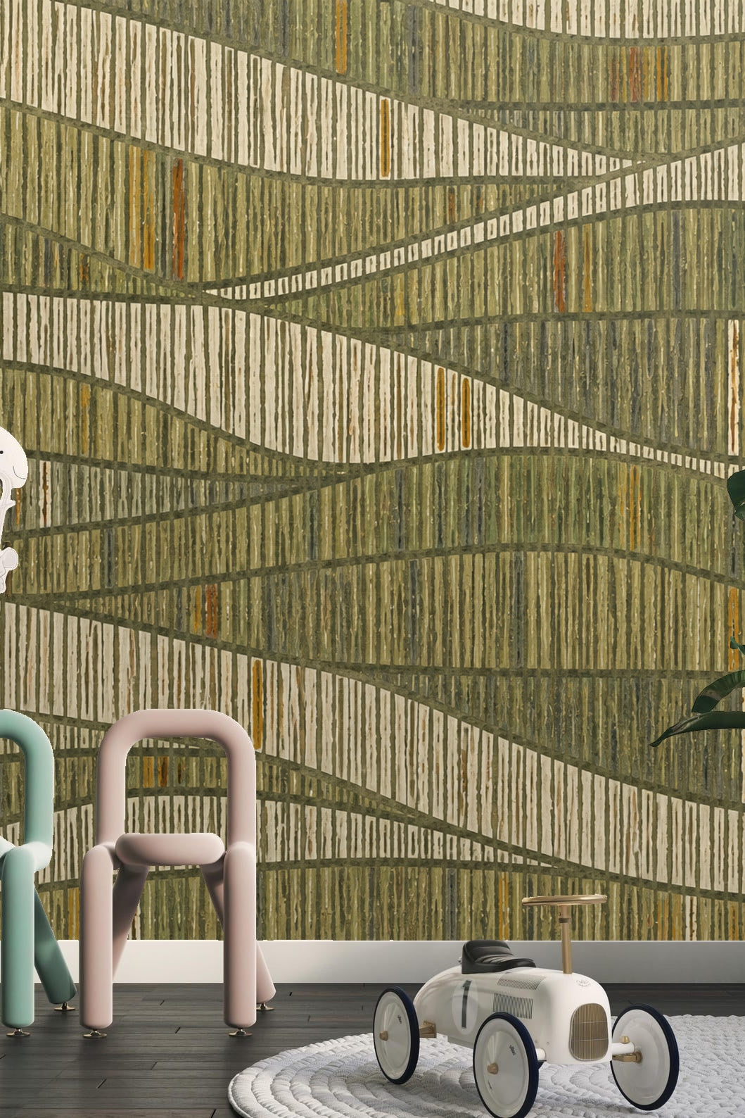 Angle showing wallpaper pattern's rhythm and scale on a feature wall