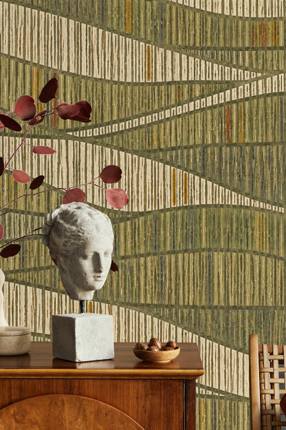 Bedroom with Wallpaper in olive and beige stripes creating a calm, textured backdrop behind bed and natural wood furniture