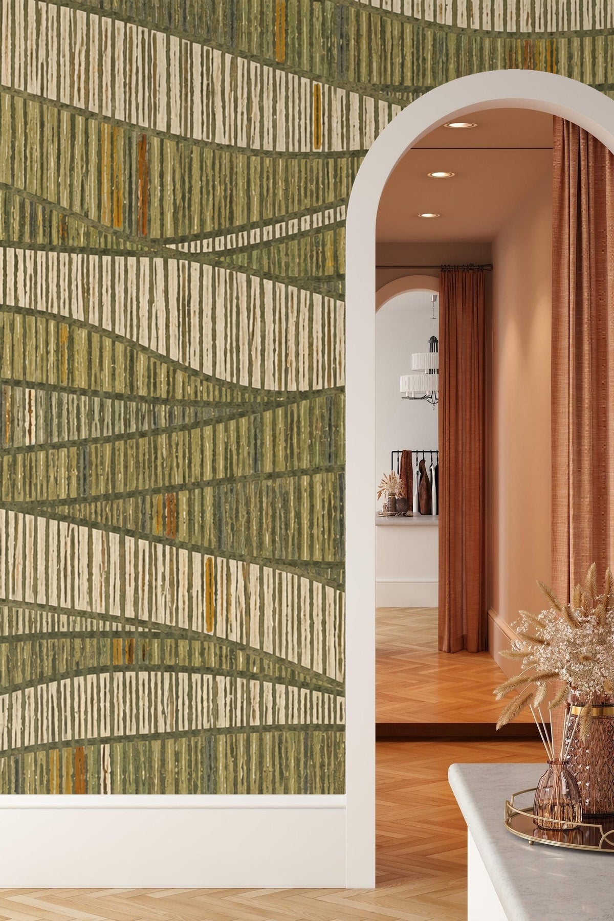 Partial wall view in room showing wallpaper's natural palette and pattern scale