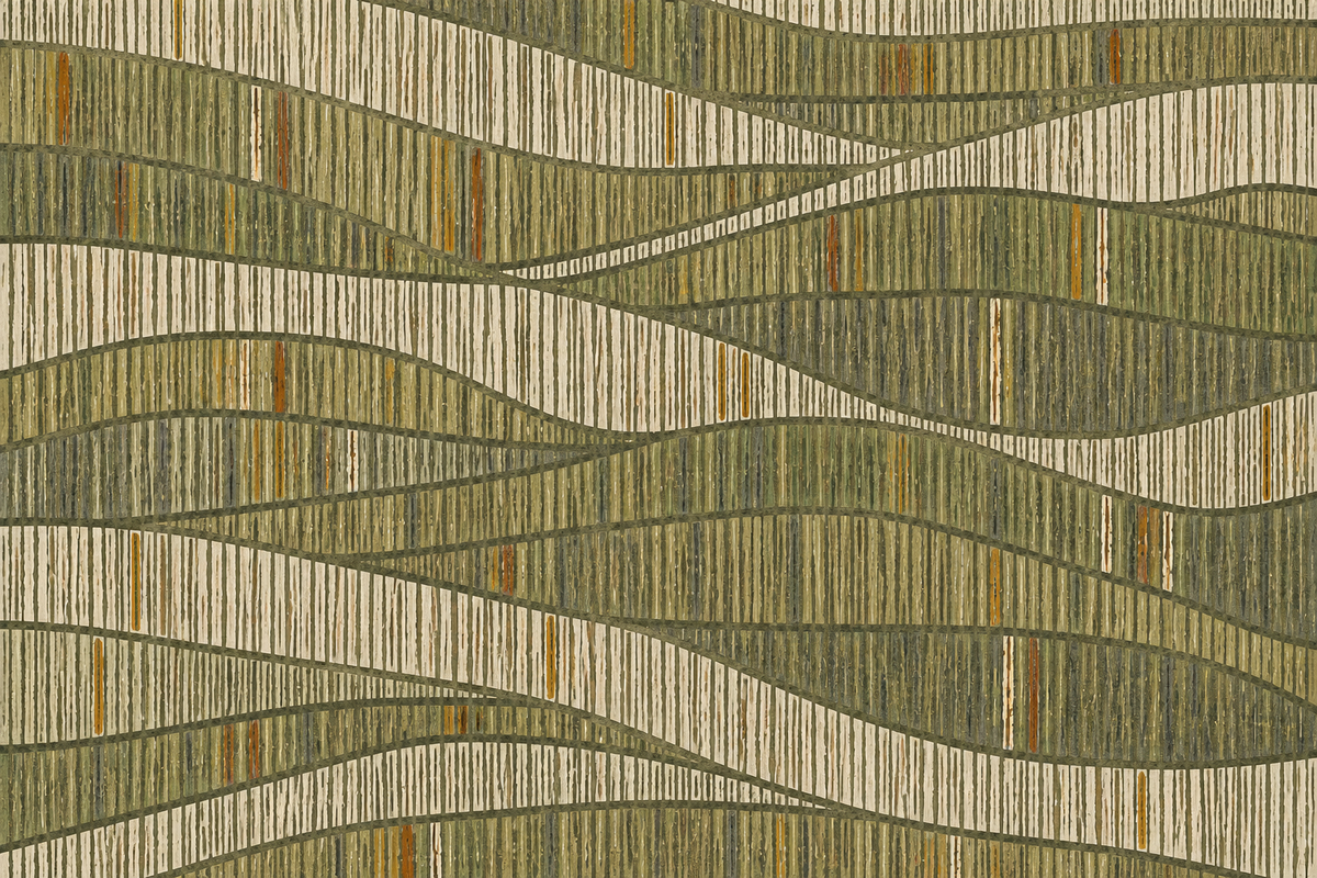 Detailed shot of wallpaper surface texture with vertical strokes in muted green and beige stripes