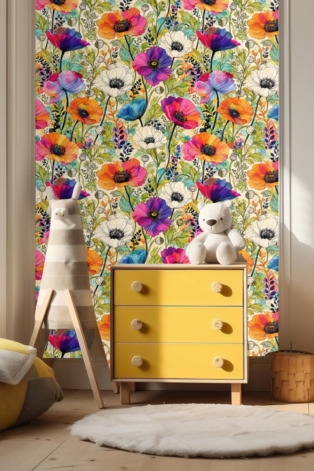 Detailed colorful floral wallpaper featuring poppies in vibrant pink, orange, blue, and white on cream background