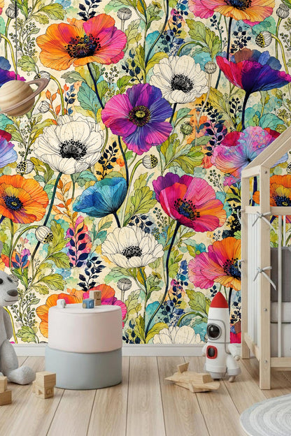 Wall section showing mix of blue, pink, and orange poppies in full bloom