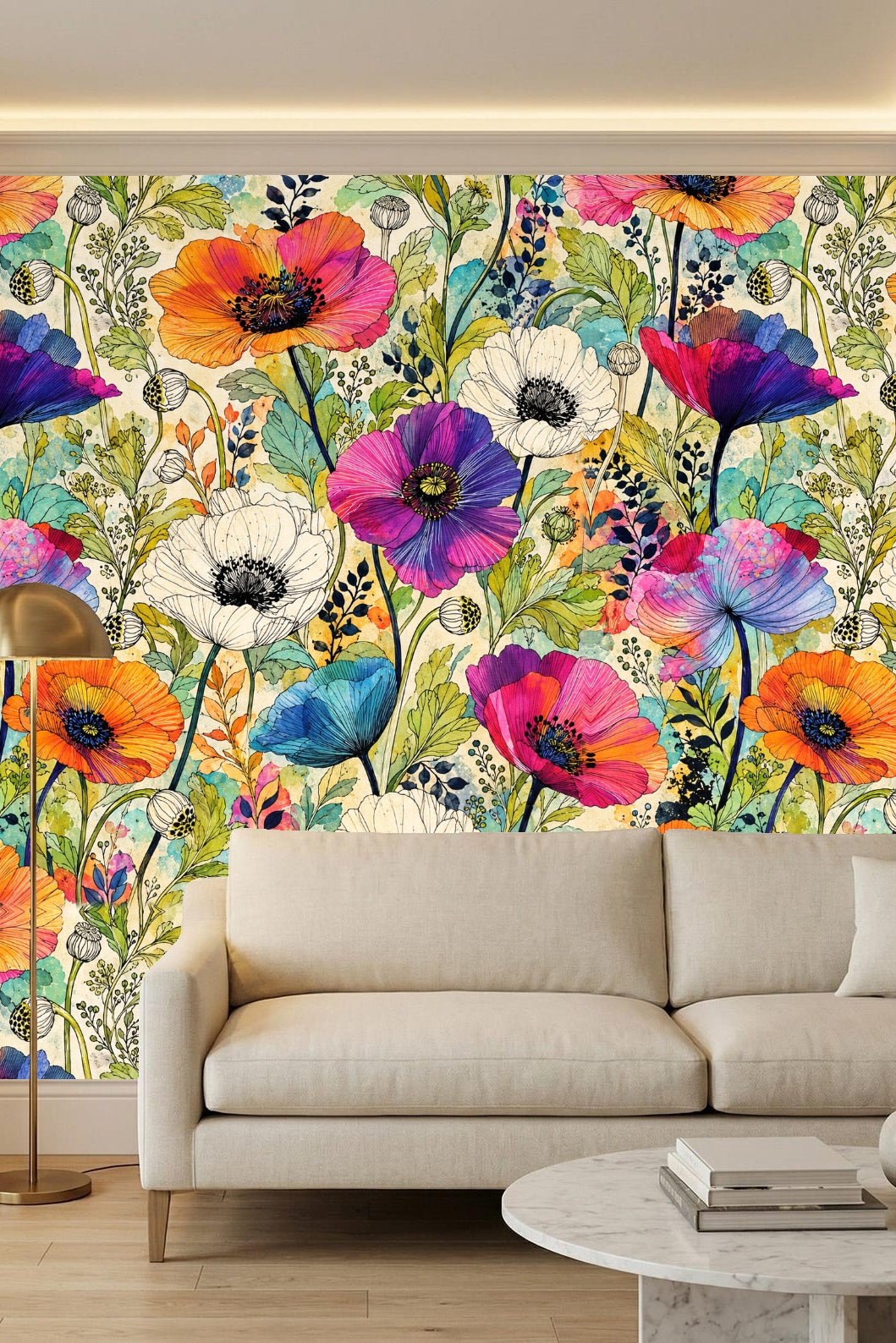 Bedroom corner with wooden bedside table and lamp against the colorful poppy flower wallpaper