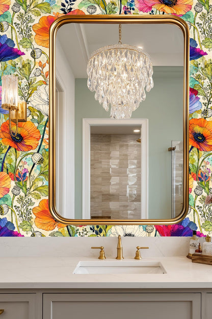 Bright splash of magenta and gradient petals on floral wallpaper