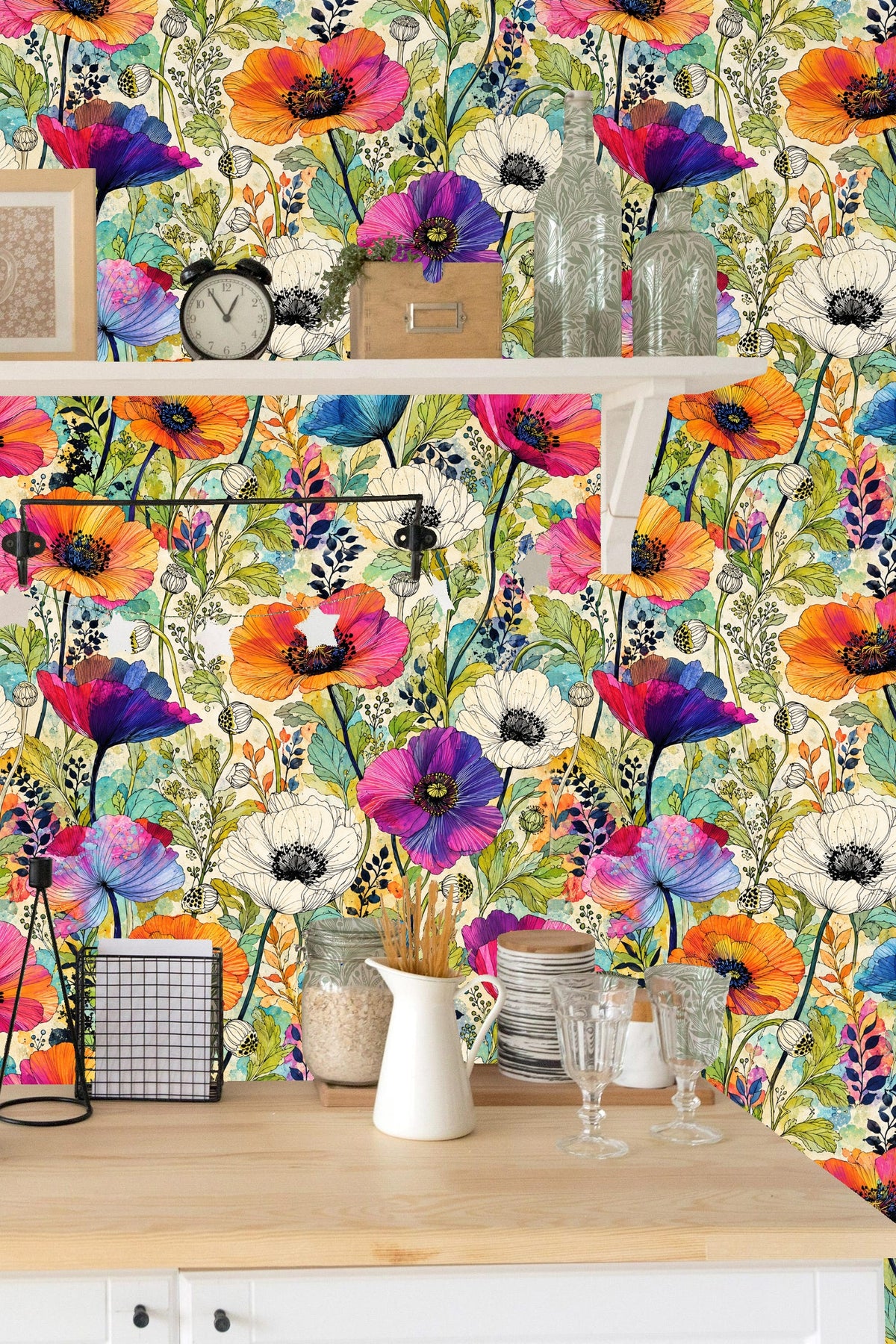 Green leafy stems with delicate flower buds in the wallpaper pattern