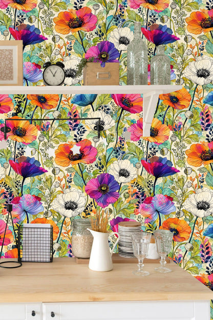 Green leafy stems with delicate flower buds in the wallpaper pattern
