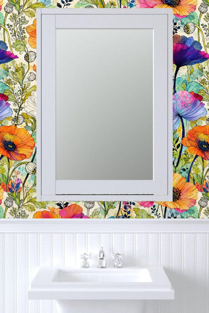 Blue and purple poppy flowers with fine line art and leafy green plants