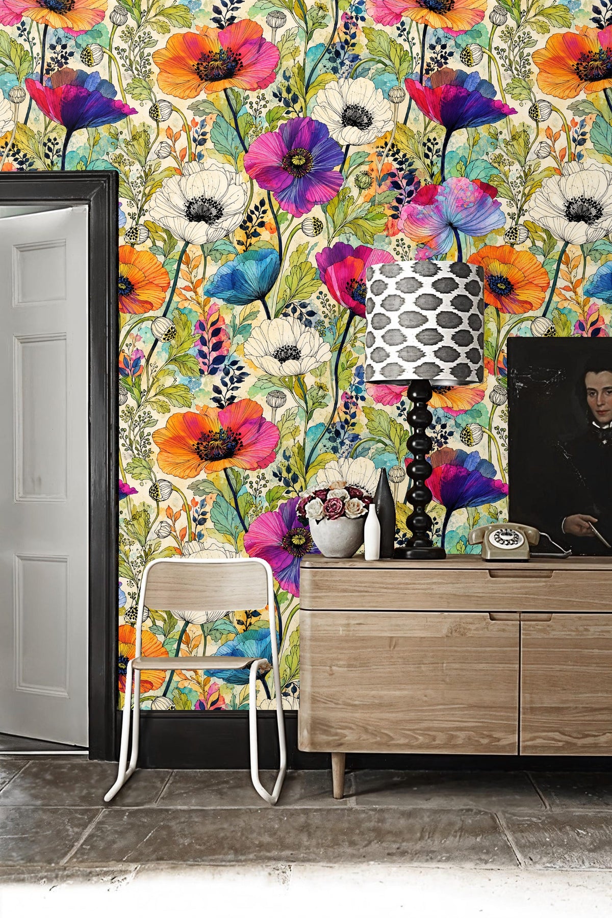 Flower seed pods with intricate detail seen within colorful botanical wallpaper