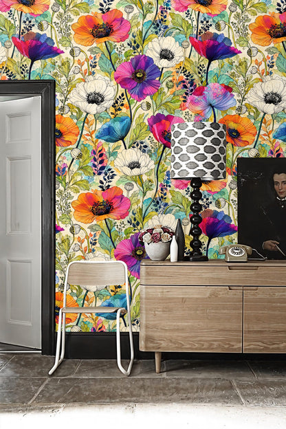 Flower seed pods with intricate detail seen within colorful botanical wallpaper