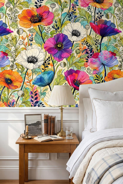 Children’s room with yellow dresser and stuffed animals in front of vibrant poppy wallpaper mural