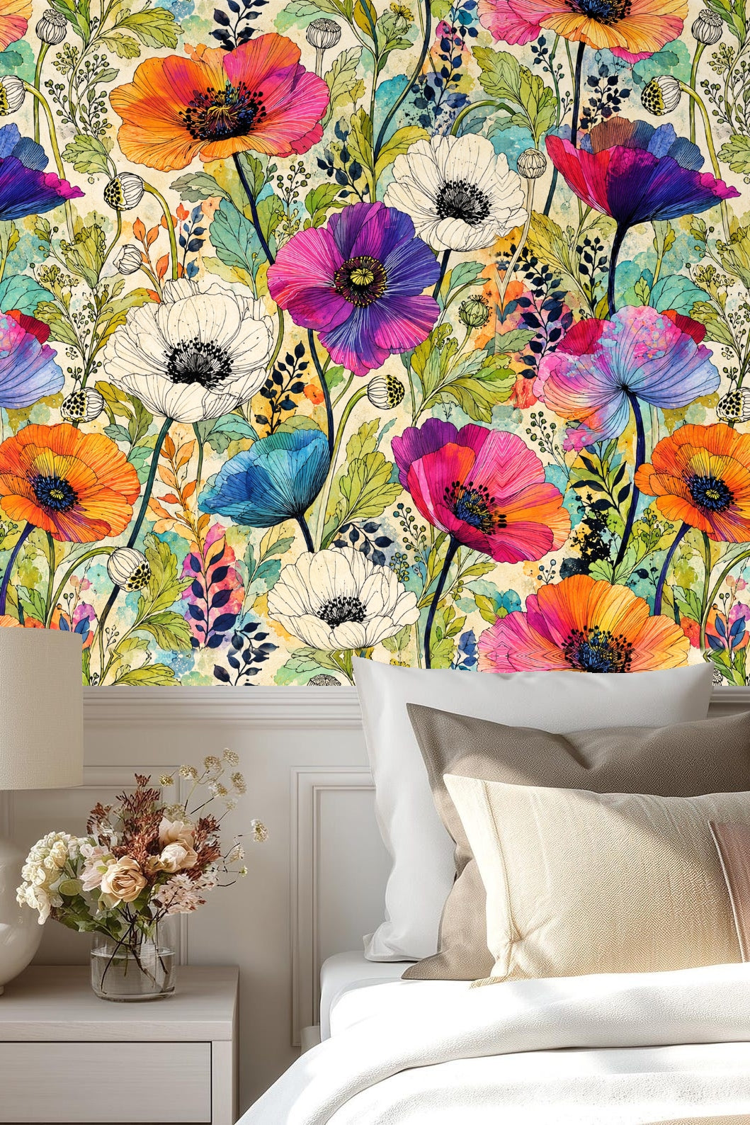 Leafy branch silhouettes interspersed amongst vivid flowers
