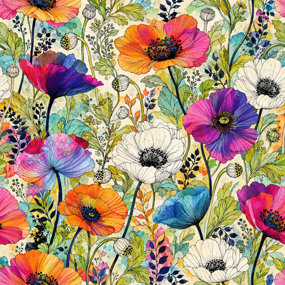 Wallpaper textured with stacked overlapping floral elements on cream base
