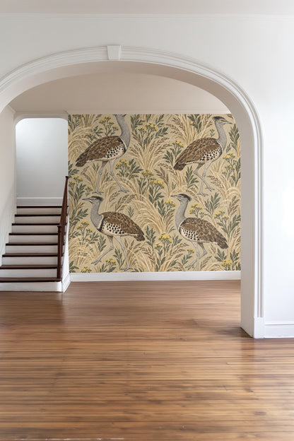 Detailed illustration of bustard birds amidst grasses and yellow blossoms on beige background